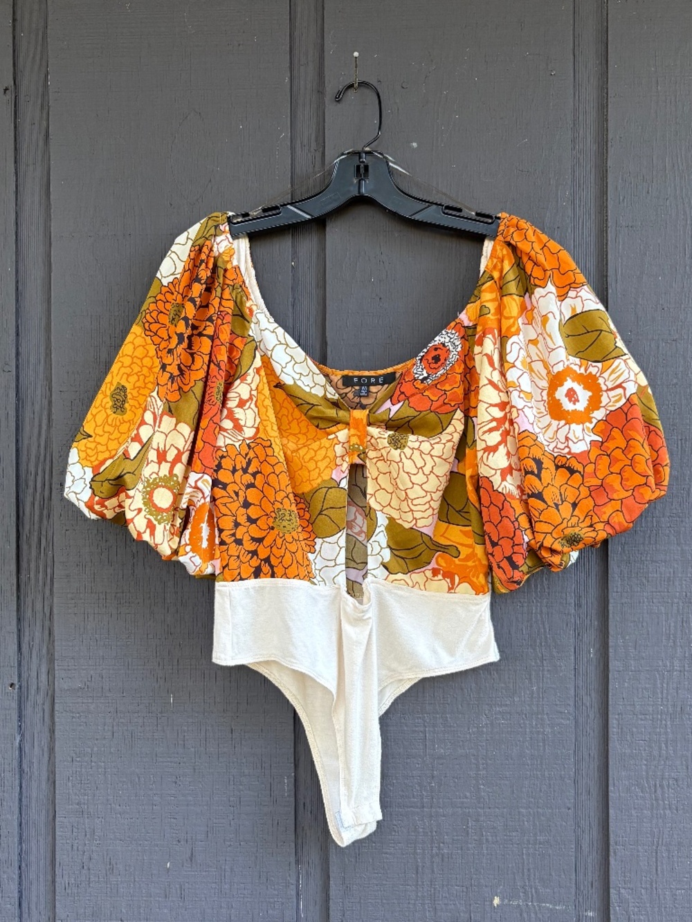 FORE Floral Bodysuit Orange, Olive Green, & Cream Puff Sleeve Women’s Size Med